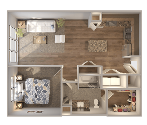 Floor plan for 1 bed, 1 bath, 781 sqft